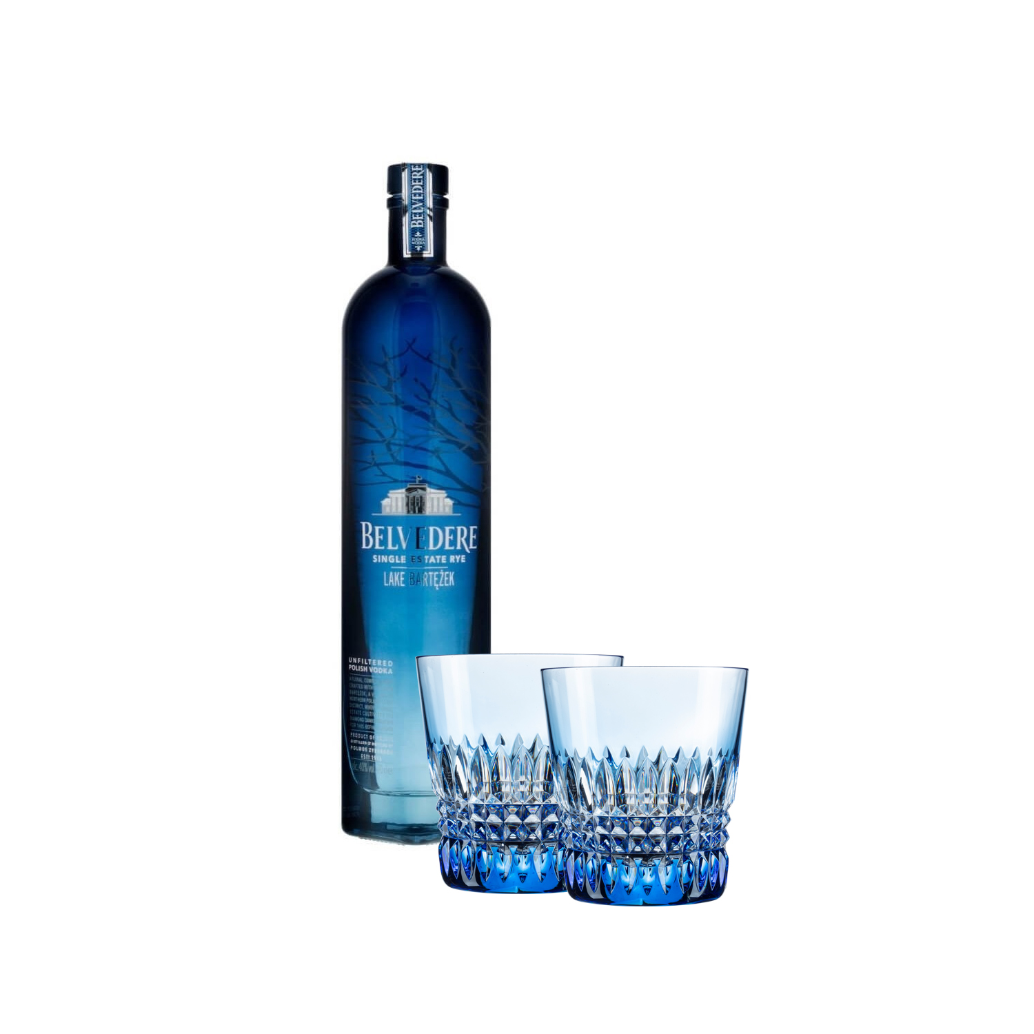 Geschenkset 2x Vodka Gläser Empire (8 cm) + Belvedere Vodka Lake Bartezek Rye 700ml