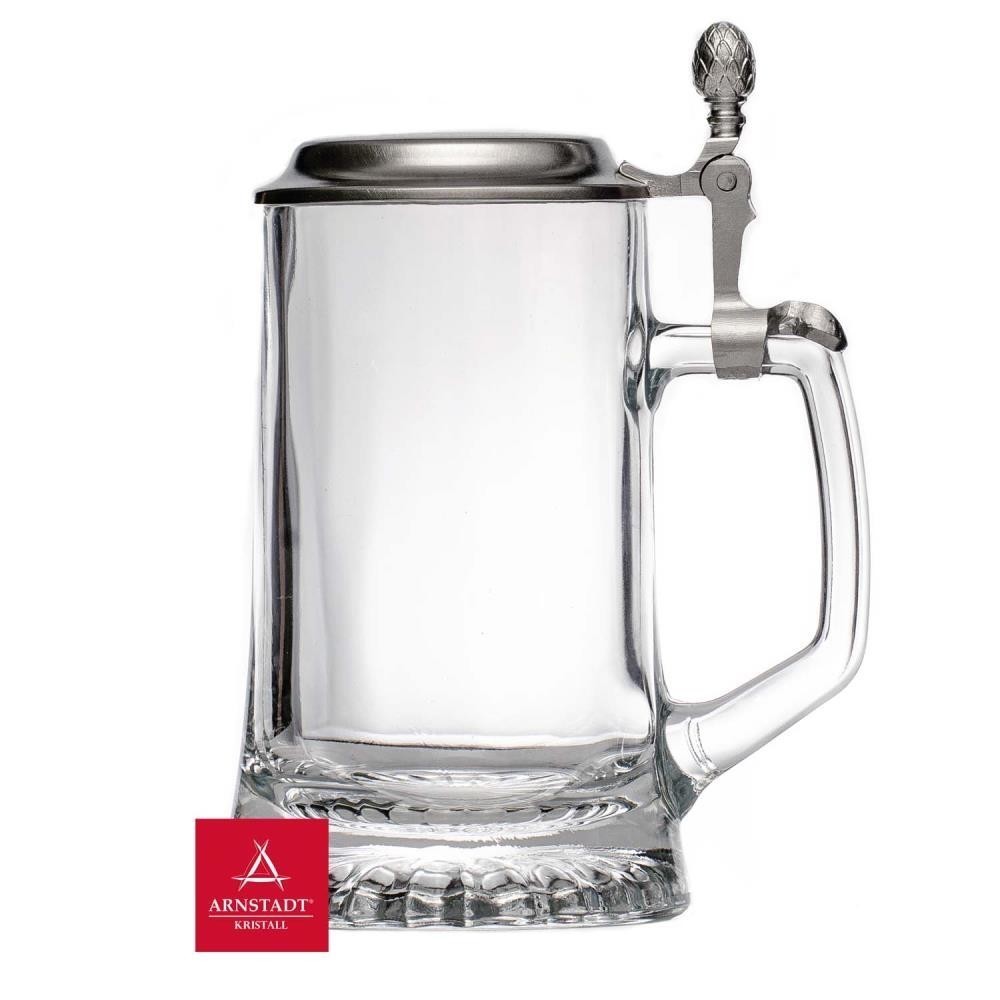 Bierkrug aus Glas mit Zinndeckel eigenem Motiv & Gravur